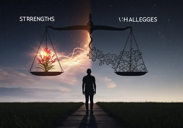 Balance scale showing strengths and challenges for personal growth