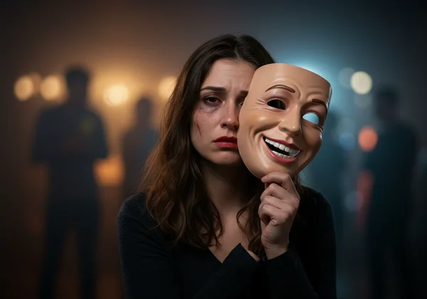 Tired woman holding a smiling mask at a social event.